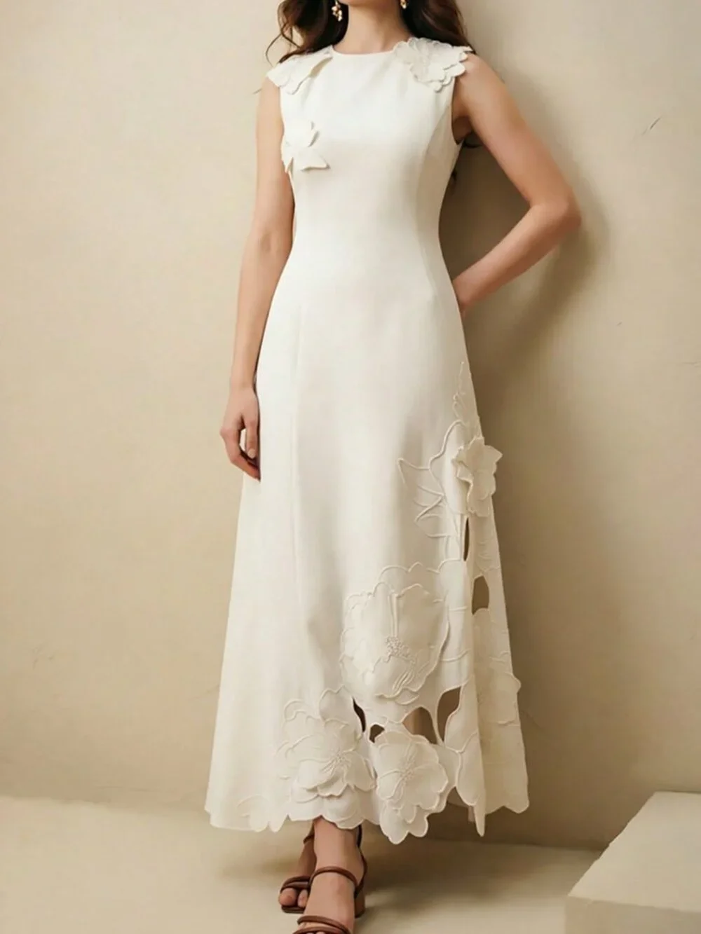 Beige Elegant Women's Hollow Out Embroidered 3d Floral Fitted Sleeveless Dress - Picture 5 of 7